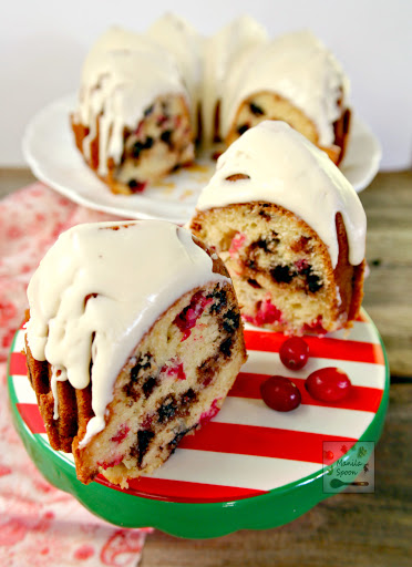 No need for a mixer to make this easy and delicious Cranberry Eggnog and Espresso (Chocolate) Chip Cake. It's sweet, tart and full of chocolate goodness, too! The perfect dessert for Christmas and New Year. | manilaspoon.com