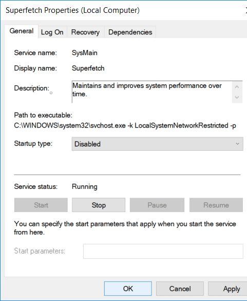 Disabilita SuperFetch usando services.msc in Windows 10