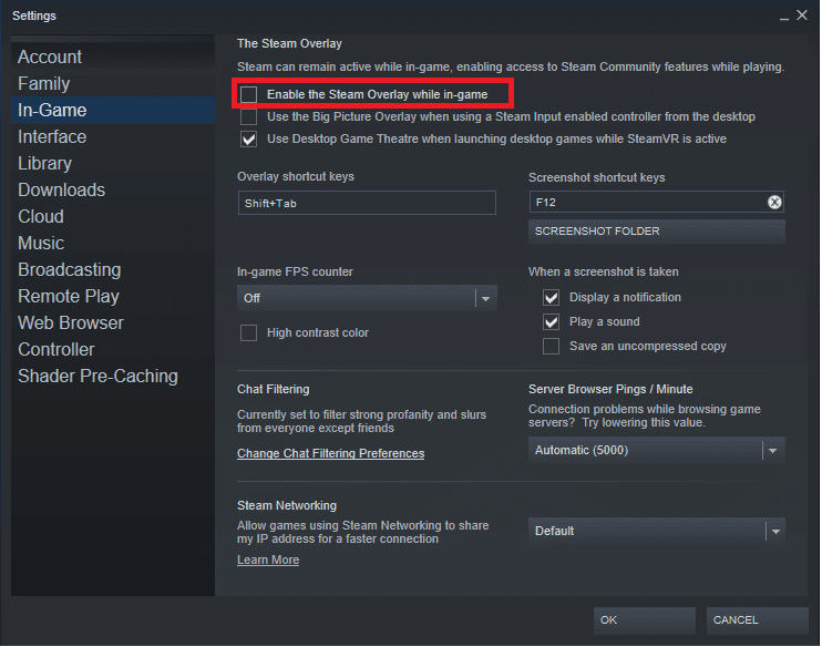 En el panel derecho, desmarque la casilla junto a Habilitar la superposición de Steam mientras está en el juego para deshabilitar la función.