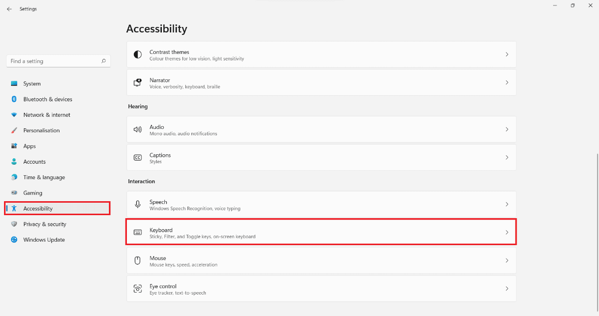 접근성을 선택한 다음 키보드 옵션을 클릭하십시오.