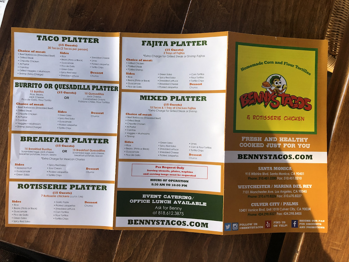 Bennys Tacos & Chicken Rotisserie LA gluten-free menu