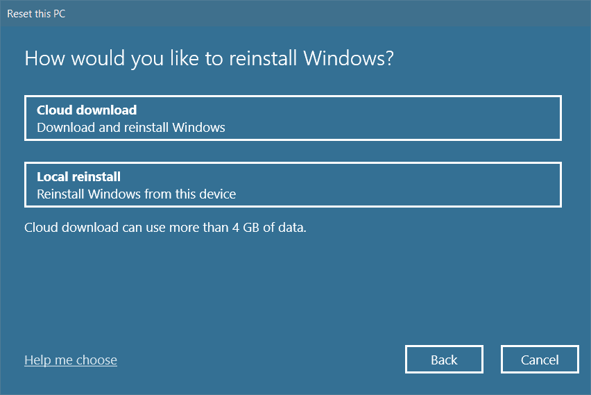 vyberte ze dvou možností způsob přeinstalace systému Windows.  Oprava 0x80004002 Žádné takové rozhraní není ve Windows 10 podporováno