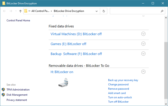 La section Chiffrement de lecteur BitLocker du Panneau de configuration