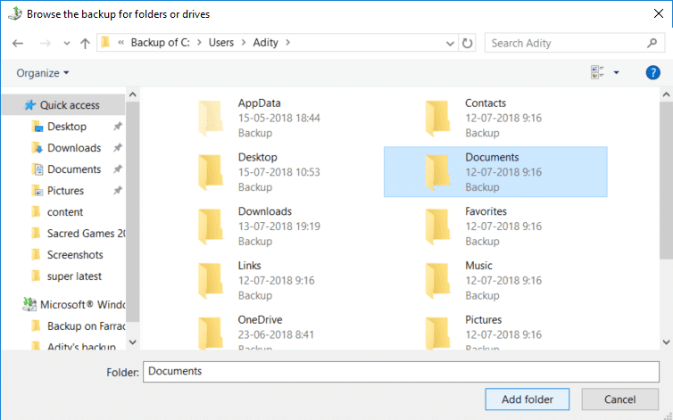 Explore la copia de seguridad y seleccione los archivos o carpetas que desea restaurar, luego haga clic en Agregar archivos