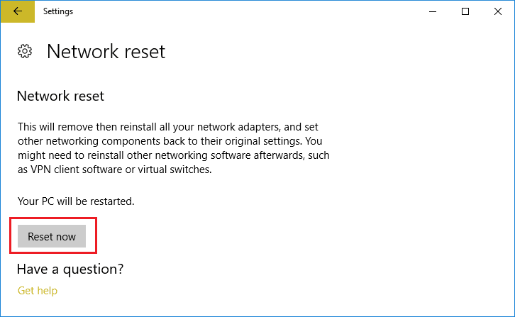 Sous Réinitialisation du réseau, cliquez sur Réinitialiser maintenant