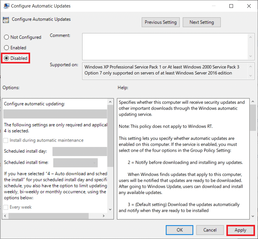 Standaard is het beleid Niet geconfigureerd.  Als u automatische updates volledig wilt uitschakelen, selecteert u Uitgeschakeld.  |  Stop automatische updates op Windows 10