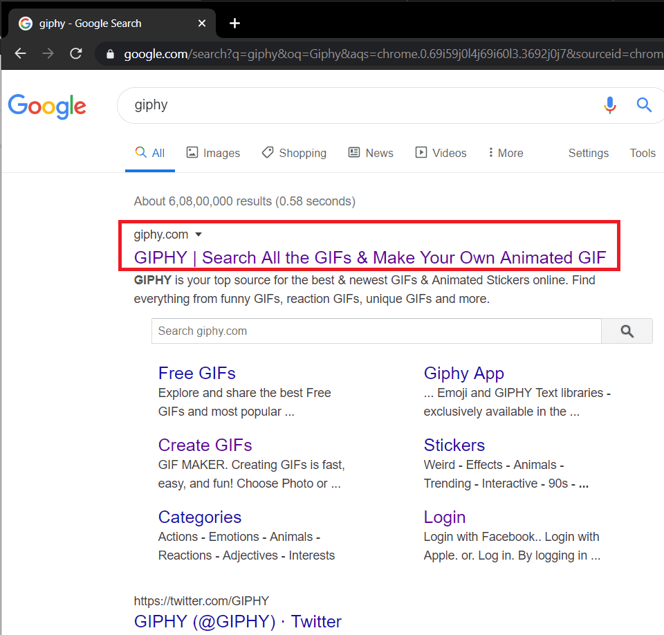 선호하는 웹 브라우저의 검색 창에 GIPHY라는 단어를 입력하고 Enter 키를 누르십시오.