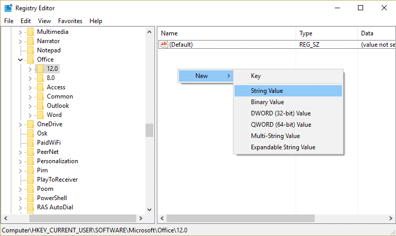 คลิกขวาและเลือก New จากนั้นเลือก String Value เพื่อสร้างคีย์ ForcePSTPath