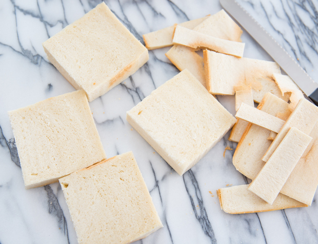 overhead photo of bread with the crusts cut off