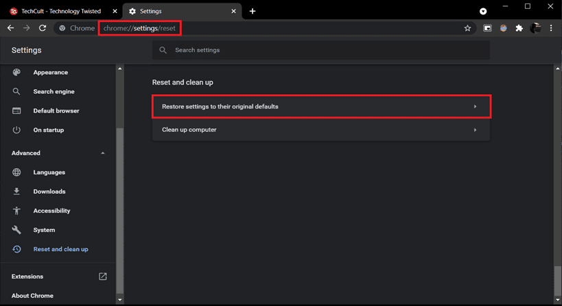 Visite Restablecer configuración en Chrome y haga clic en Restaurar configuración a sus valores predeterminados originales.  Cómo arreglar archivos PDF que no se abren en Chrome