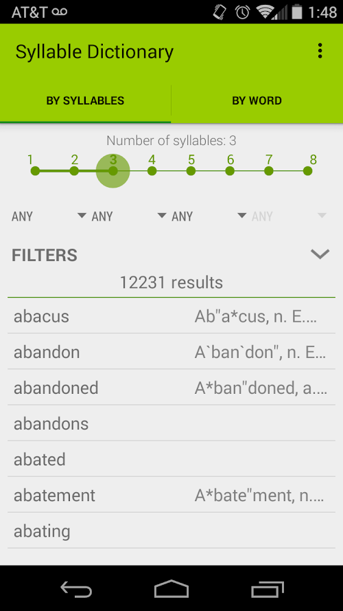 Android application Syllable Dictionary screenshort