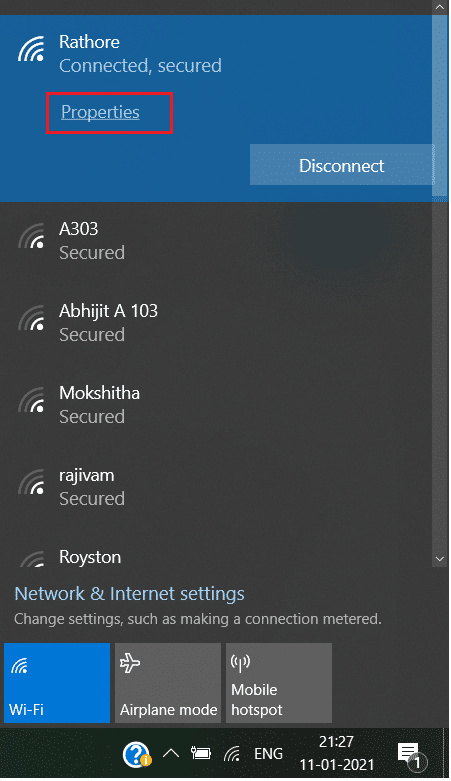 单击已连接的 Wi-Fi 网络，然后单击属性 |  WiFi 在 Windows 10 中不断断开连接