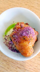 Willow PDX amuse bouche of fritters with a cherry blossom aioli, green garlic and crumbled preserved cherry blossom on April 30, 2016