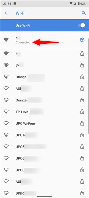 La red activa se muestra en la configuración Wi-Fi de Android