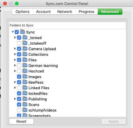 Pannello di controllo avanzato di Sync.com