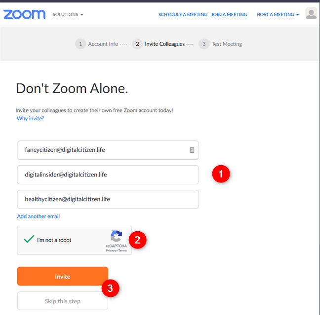 Приглашение других людей для создания учетной записи Zoom