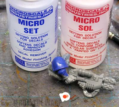 Micro set/micro sol for decal adehsion and testors dullcote to get rid of  sheen and glossy outline on decals. Makes for a painted on look. :  r/Warhammer40k