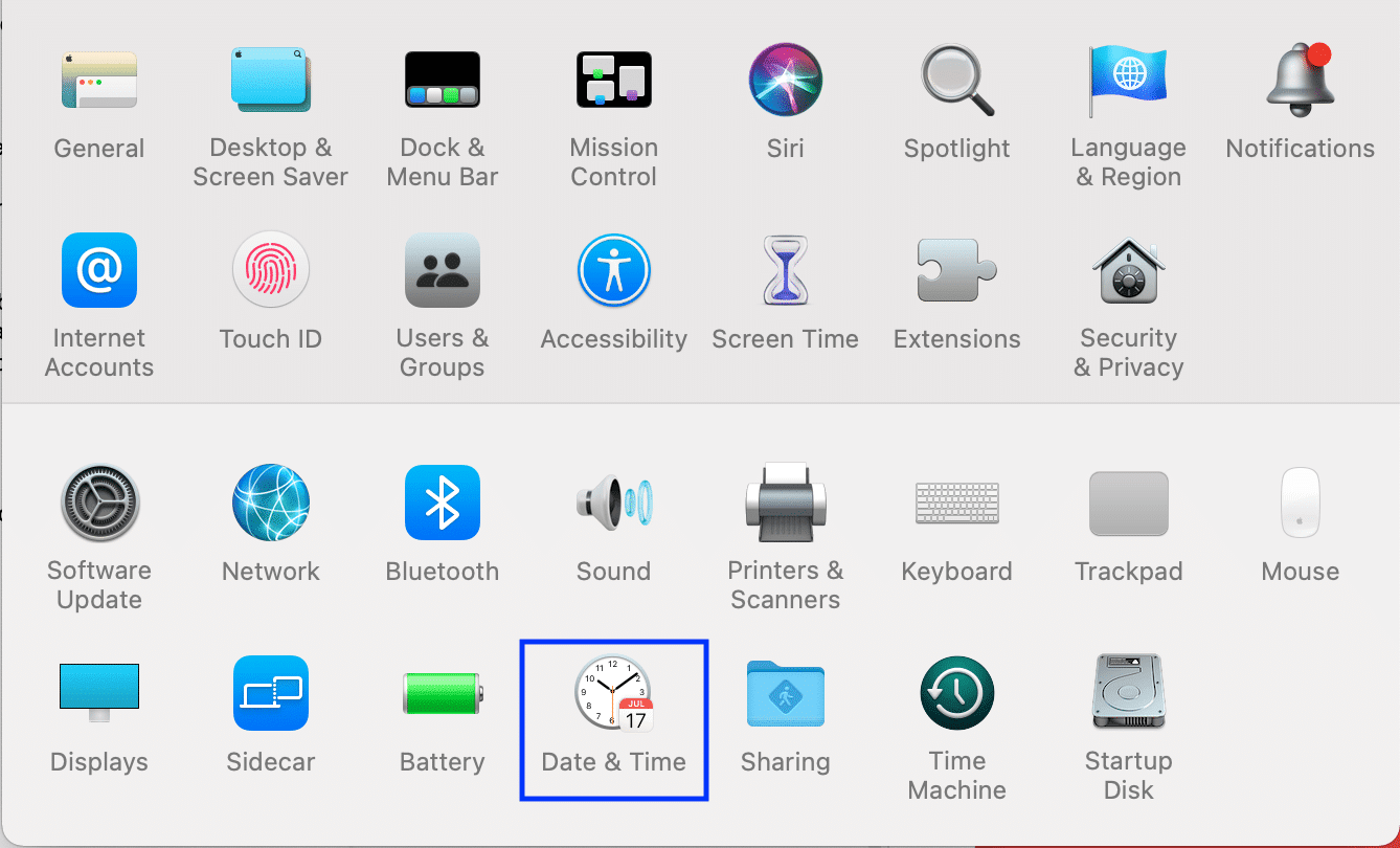 Выберите Дата и время.  Исправить сообщения, не работающие на Mac