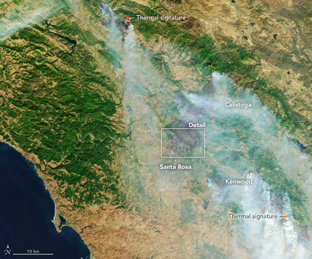 On 11 October 2017, the Operational Land Imager (OLI) on Landsat 8 acquired the data for this false-color image of the fires near Santa Rosa and other communities in Northern California. The image is a composite combining shortwave infrared, near-infrared, and green (OLI bands 6-5-3) with natural color (bands 4-3-2) and a thermal infrared signature (TIRS, band 10). These combinations make it easier to see through the smoke to the burn scars and the still-active fires. Photo: Joshua Stevens / NASA Earth Observatory