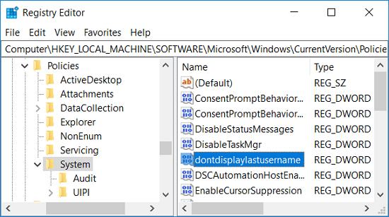 Теперь в разделе «Система» в правой части окна дважды щелкните dontdisplayusername.