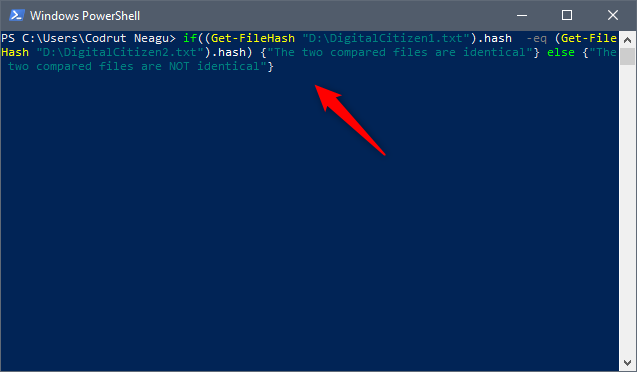 Esecuzione del comando di confronto file in PowerShell