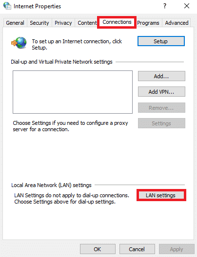 สลับไปที่แท็บการเชื่อมต่อและเลือกการตั้งค่า LAN  วิธีแก้ไขข้อผิดพลาด Windows Store 0x80072ee7