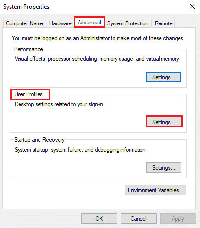 Ahora, en la ventana Propiedades del sistema, cambie a la pestaña Avanzado y haga clic en la opción Configuración... en Perfiles de usuario.  Reparar la barra de tareas, el clic derecho no funciona