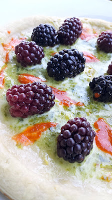 Blackberry Pizza recipe with homemade creme fraiche, pesto, a little hot sauce and Oregon Blackberries