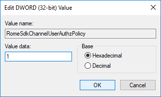 เปลี่ยนค่าของ RomeSdkChannelUserAuthzPolicy DWORD ภายใต้ SettingsPage เป็น 1