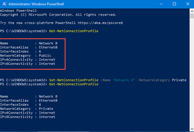 เปลี่ยนโปรไฟล์เครือข่ายใน PowerShell