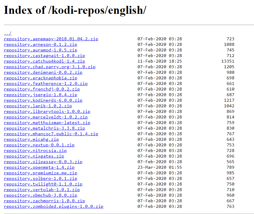 Pagina di download del repository kodi dei componenti aggiuntivi TV