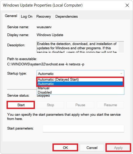 Dialoogvenster Eigenschappen van services