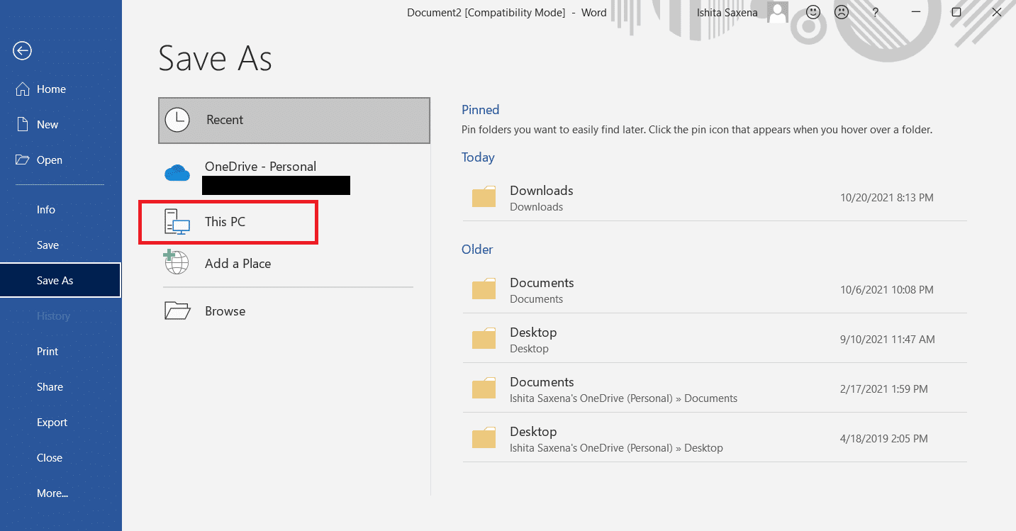 このPCなどの適切な場所を選択し、右側のペインのフォルダをクリックしてファイルを保存します。