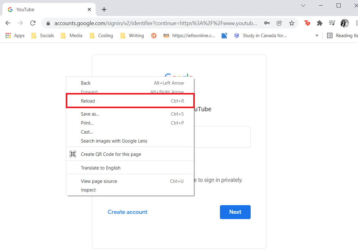 Haga clic con el botón derecho en un área vacía de su navegador web y elija Recargar en el menú contextual.