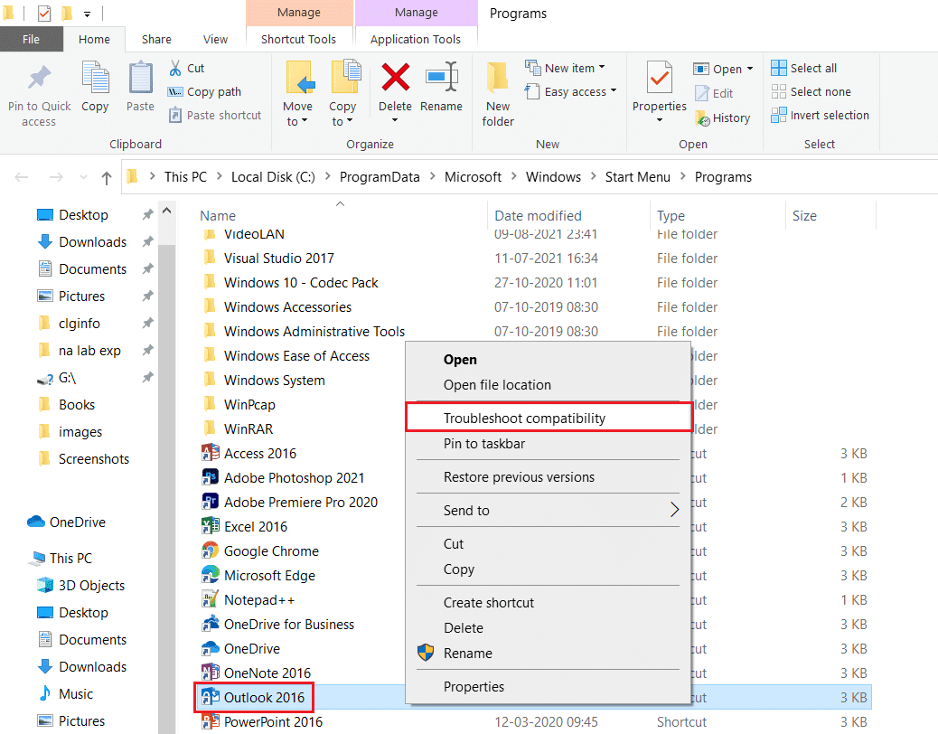 fare clic con il pulsante destro del mouse su Outlook e selezionare Risoluzione dei problemi di compatibilità.  Come risolvere l'app di Outlook non si apre nel PC Windows 10