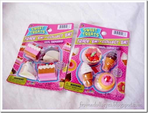 Puzzle erasers shaped like cake and ice cream.  Would be useful for dolls.