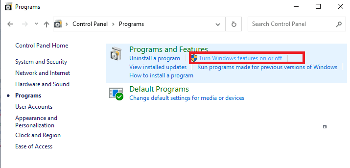 单击打开或关闭 Windows 功能 |  Windows 10：如何启用和使用 Active Directory