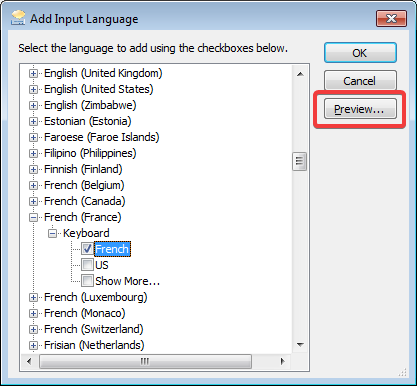 Acceso para obtener una vista previa de un idioma de entrada en Windows 7