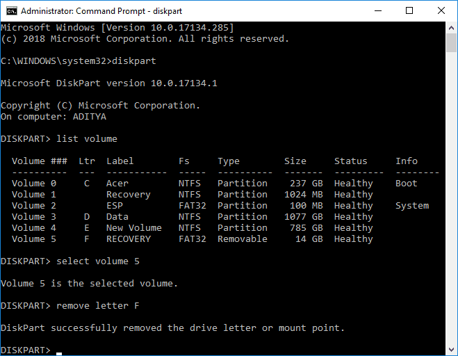 Jak ukryć dysk w systemie Windows 10 za pomocą wiersza polecenia |  Jak ukryć dysk w systemie Windows 10