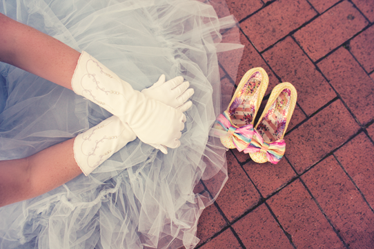 Rainbow Mal E Bow Irregular Choice high heels & vintage emboridered guantlet gloves | Lavender & Twill