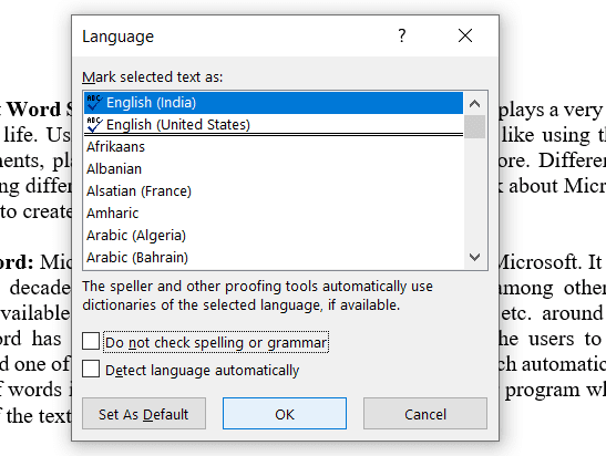 Schakel het vinkje uit Spelling of grammatica niet controleren en Taal automatisch detecteren