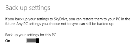 Windows 8.1, Configuración de PC, Sincronización, Configuración, SkyDrive, Copia de seguridad