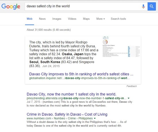 Davao Safest City Search Result