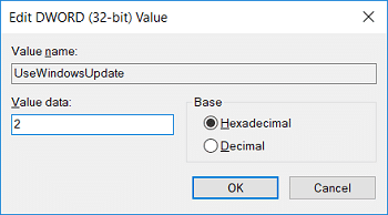 ตั้งชื่อคีย์ใหม่นี้เป็น UseWindowsUpdate จากนั้นดับเบิลคลิกและเปลี่ยนค่าเป็น2