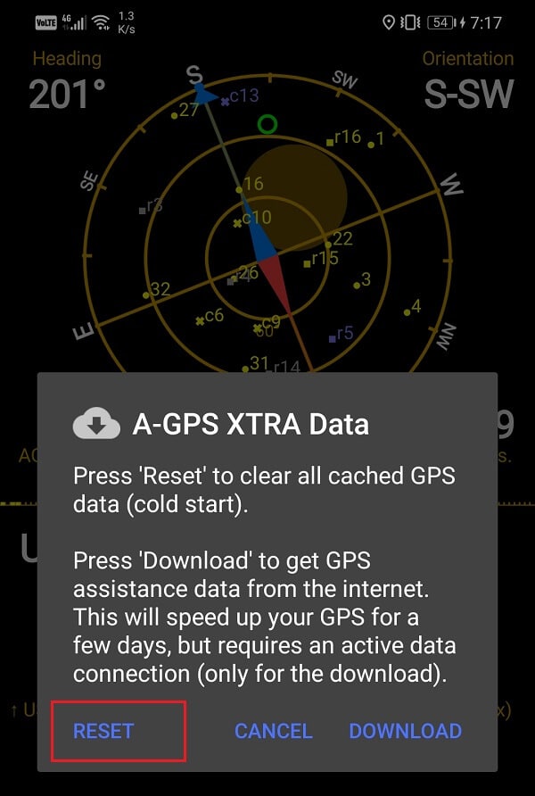 Klepněte na tlačítko Reset |  Jak zlepšit přesnost GPS na Androidu