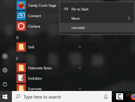 haga clic derecho en la aplicación problemática y seleccione desinstalar