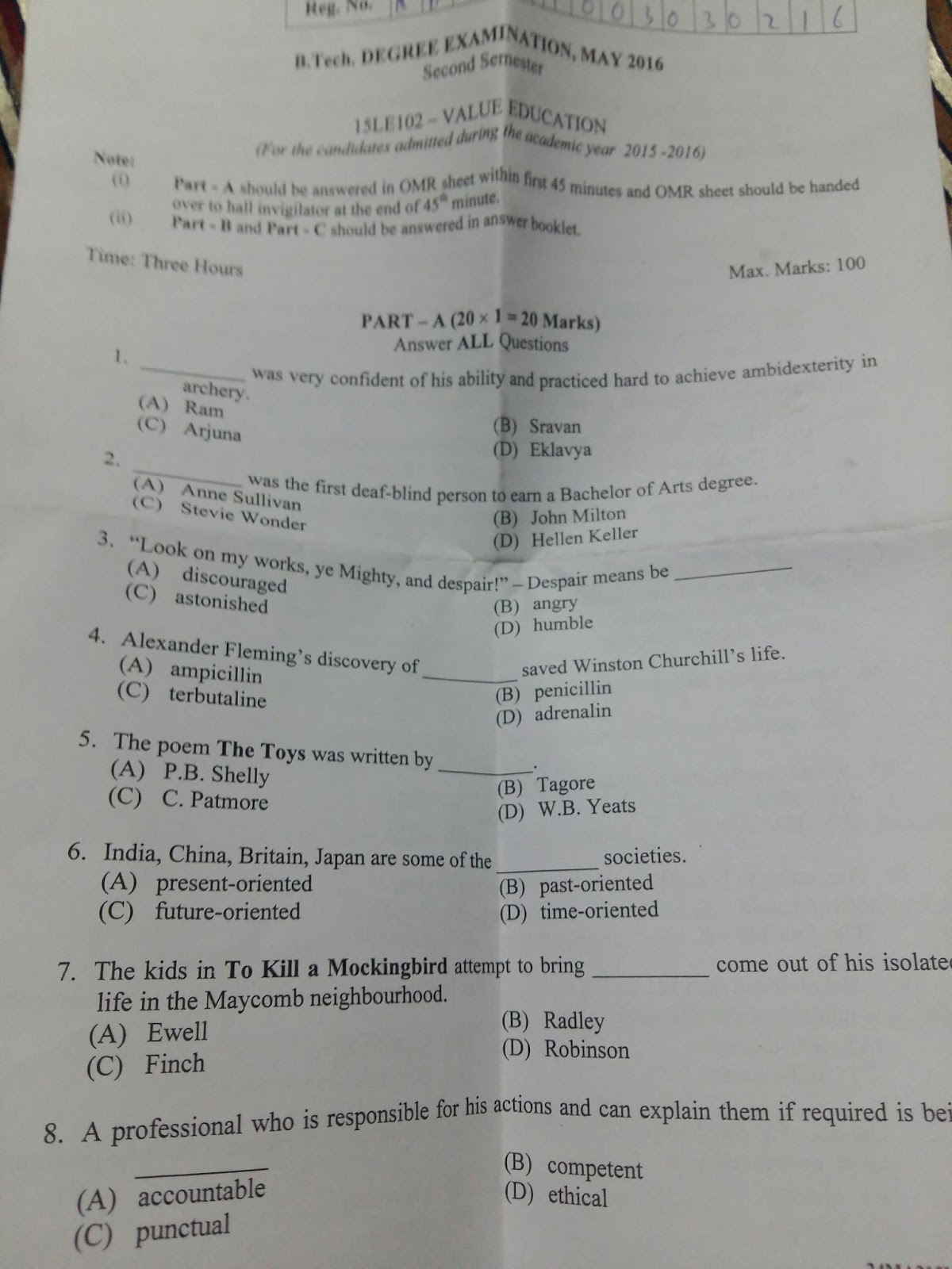 value education question paper class 10