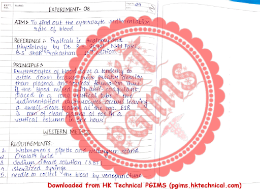 To find out erythrocyte sedimentation rate (ESR) - PRACTICAL  1st Semester B.Pharmacy ,BP101T Human Anatomy and Physiology I,BPharmacy,Handwritten Notes,BPharm 1st Semester,Important Exam Notes,