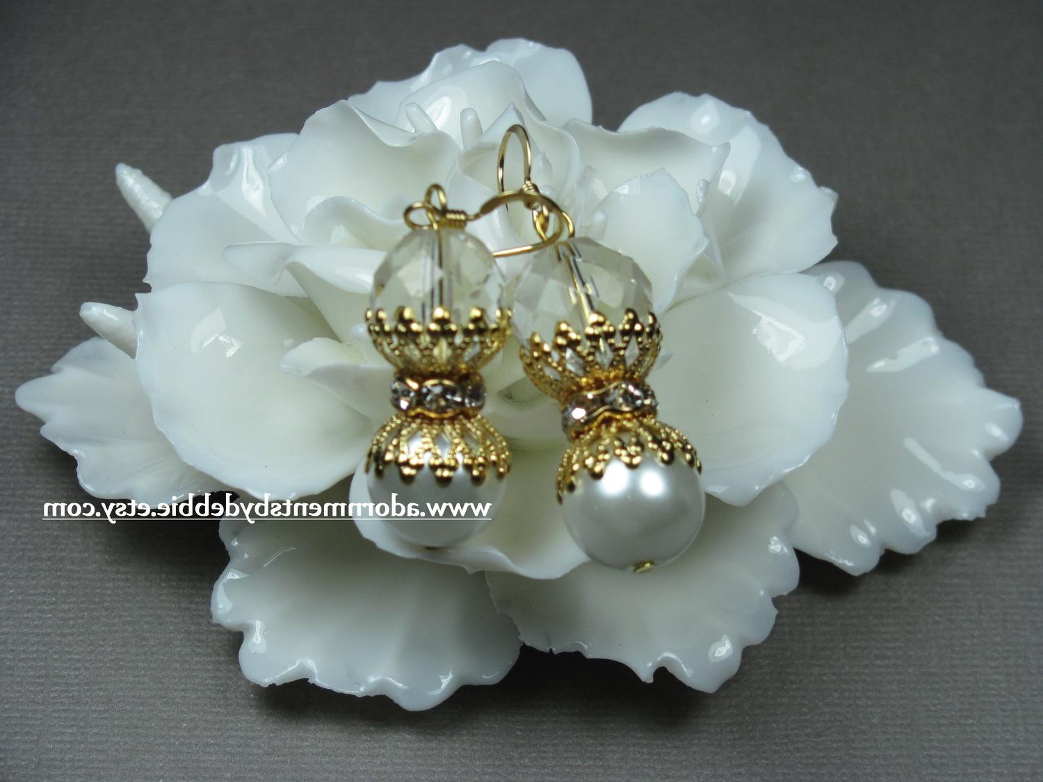 Pearl Rhinestone Earrings Wedding Lace Filigree Corset Inspired Gold