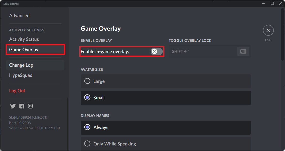 V Pokročilých nastaveních přejděte do Nastavení překryvné hry a vypněte přepínač Povolit v překryvné hře ve hře Discord.  Oprava Halo Infinite Customization, která se nenačítá ve Windows 11
